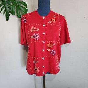 Alfred Dunner Red Embroidered SS Cotton Cardigan Sweater